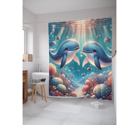 Изображение товара Штора для ванной, занавеска водоотталкивающая в ванную комнату тканевая JoyArty "Детские киты" sc_430019