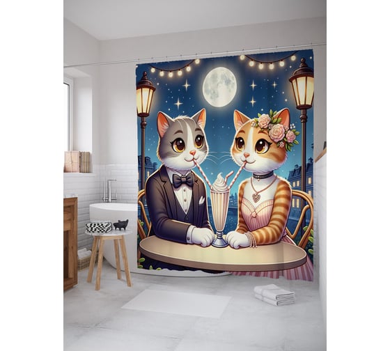 Изображение товара Штора для ванной, занавеска водоотталкивающая в ванную комнату тканевая JoyArty "Кошачья романтика" sc_429885