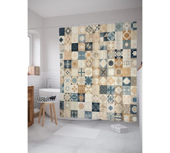 Изображение товара Штора для ванной, занавеска водоотталкивающая в ванную комнату тканевая JoyArty "Плитка печворк" sc_sd1129