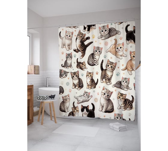 Изображение товара Штора для ванной, занавеска водоотталкивающая в ванную комнату тканевая JoyArty "Котятки" sc_429898