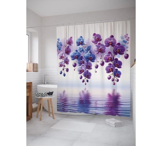 Изображение товара Штора для ванной, занавеска водоотталкивающая в ванную комнату тканевая JoyArty "Орхидеи в цвету" sc_sd1102
