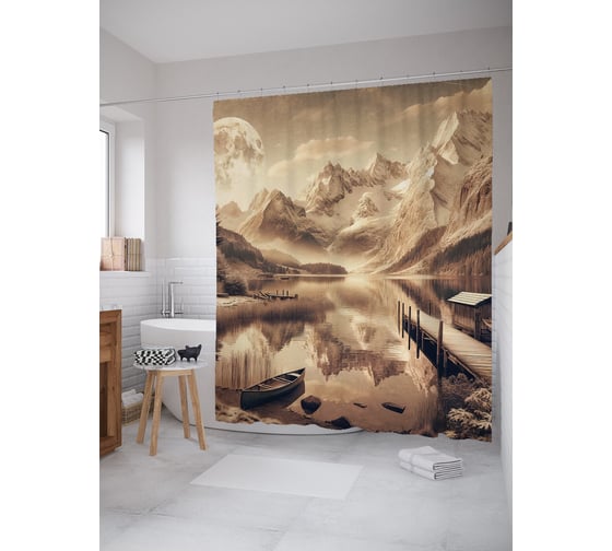 Изображение товара Штора для ванной, занавеска водоотталкивающая в ванную комнату тканевая JoyArty "Горы в сепии" sc_sd1048