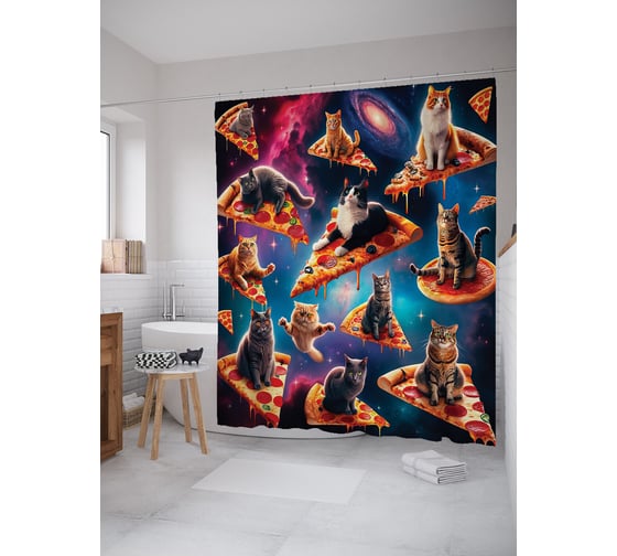 Изображение товара Штора для ванной, занавеска водоотталкивающая в ванную комнату тканевая JoyArty "Пицца котики" sc_sd1426