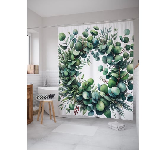 Изображение товара Штора для ванной, занавеска водоотталкивающая в ванную комнату тканевая JoyArty "Венок эвкалипта" sc_sd1165