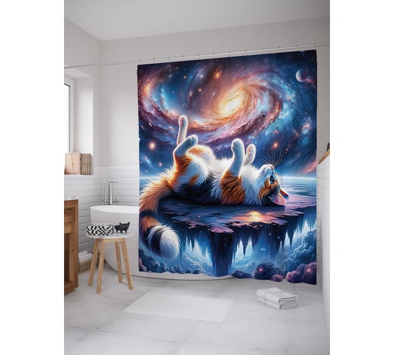 Изображение товара Штора для ванной, занавеска водоотталкивающая в ванную комнату тканевая JoyArty "Космос котик" sc_sd1421
