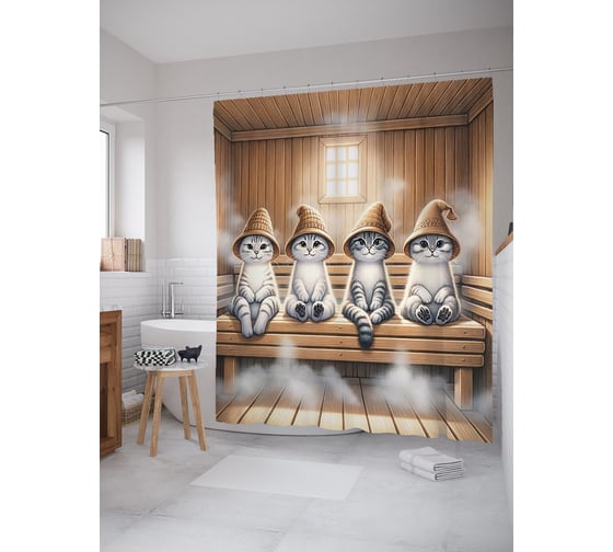 Изображение товара Штора для ванной, занавеска водоотталкивающая в ванную комнату тканевая JoyArty "Кото баня" sc_429876