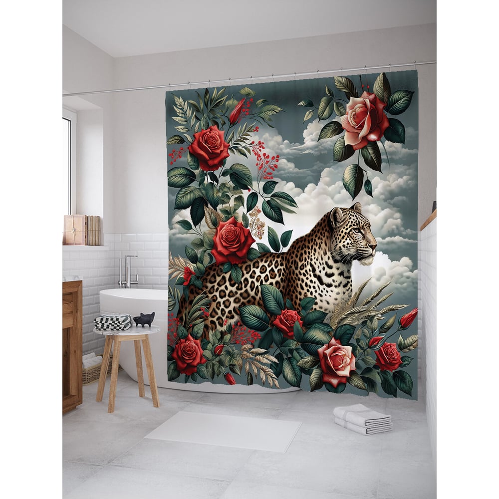 Изображение товара Штора для ванной JoyArty Леопард в цветах водоотталкивающая тканевая