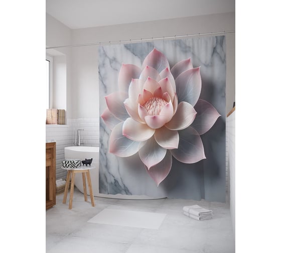 Изображение товара Штора для ванной, занавеска водоотталкивающая в ванную комнату тканевая JoyArty "Лотос на мраморе" sc_sd1145