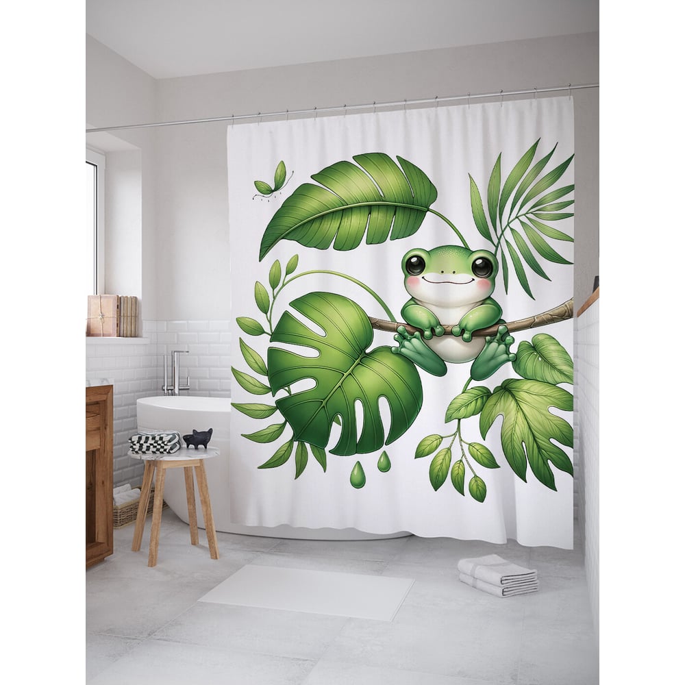 Изображение товара Штора для ванной JoyArty Лягушка в пальмах водоотталкивающая тканевая