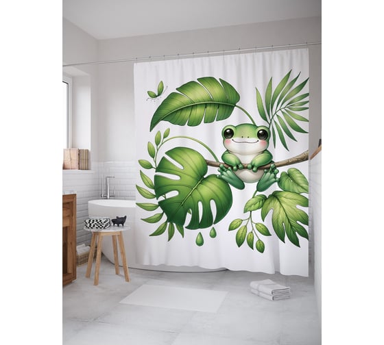 Изображение товара Штора для ванной, занавеска водоотталкивающая в ванную комнату тканевая JoyArty "Лягушка в пальмах" sc_sd1094