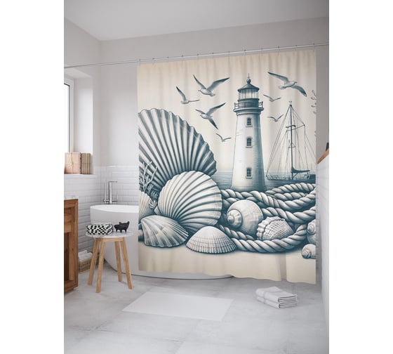 Изображение товара Штора для ванной, занавеска водоотталкивающая в ванную комнату тканевая JoyArty "Маяк в ракушках" sc_sd1106
