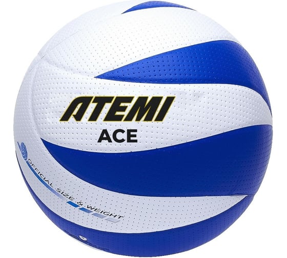 Изображение товара Мяч волейбольный клееный ATEMI ACE (N), синтетическая кожа PVC, белый/синий, 12 панелей, окружность 65-67 см 00-00009832