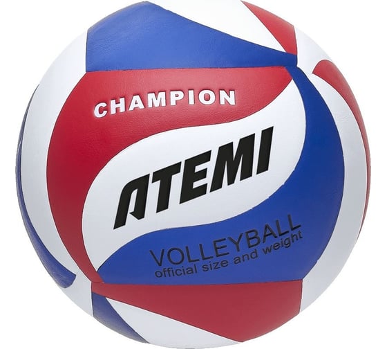 Изображение товара Мяч волейбольный клееный ATEMI CHAMPION (N) синтетическая кожа PU Soft, синий/белый/красный, 18 панелей, окружность 65-67 см 00-00009844