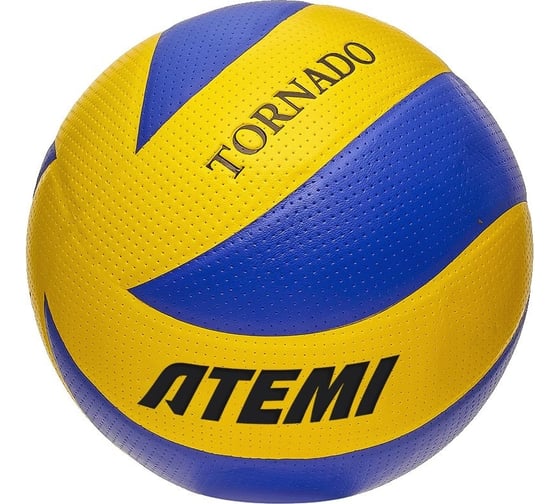 Изображение товара Мяч волейбольный клееный ATEMI TORNADO (N), синтетическая кожа PVC, желтый/синий, 8 панелей, окружность 65-67 см 00-00009838