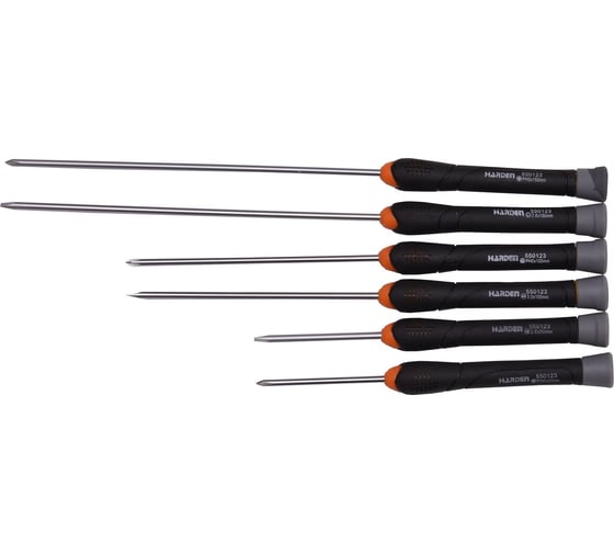 Изображение товара Набор отверток для точных работ HARDEN CRV, 2-компонентная рукоятка, 6 шт., в пласт. пенале 550123