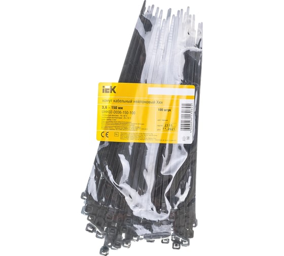 Изображение товара Хомут IEK 3.6x150, нейлон, черный, упаковка 100шт, ИЭК UHH32-D036-150-100