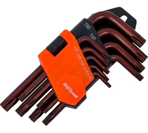 Изображение товара Набор Г-образных ключей AV Steel TORX с отверстием, TH10-TH50 S2, 9 шт AV-367359