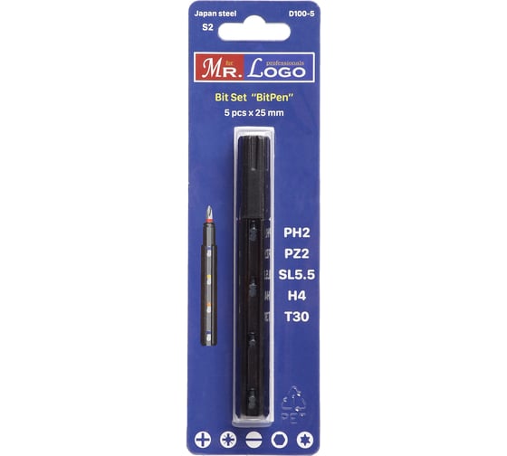 Изображение товара Набор бит с ручкой 5 шт, PH2, PZ2, SL5.5, H4, T30 Mr. Logo D100-5