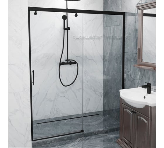 Изображение товара Дверь в душевую нишу GuteWetter GWMPSLD862 135x200 см, профиль черный матовый, цвет стекла бесцветный, стекло закаленное 8 мм / 6 мм 4698032995126