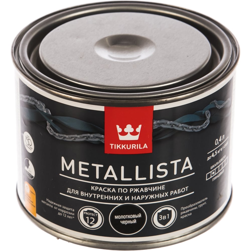 фото Краска по ржавчине tikkurila 3 в 1 metallista молотковая черная 0,4 л 203636