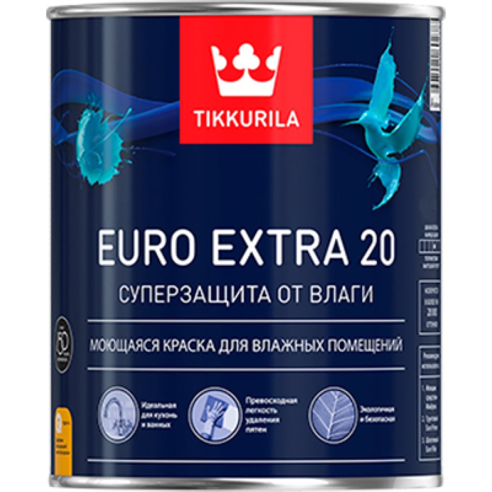 фото Моющаяся краска для влажных помещений tikkurila euro extra-20 база с 0,9 л 40597