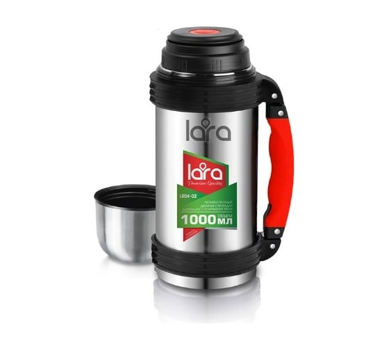Изображение товара Термос Lara 1л., ручка, кнопка, ремешок, двойные стенки, крышка-стаканчик, нерж сталь LR04-02