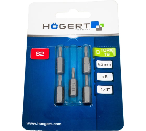 Изображение товара Биты TORX 9, 25 мм, сталь S2, 5 шт HOEGERT TECHNIK HT1S335