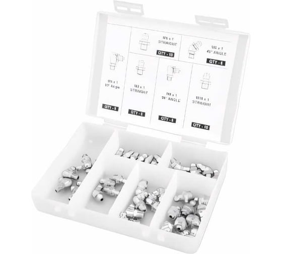 Изображение товара Комплект прпесс-масленок в пластиковой коробке 110 шт М6 М8 М10 прямой и 90 градусов GROZ GR43971