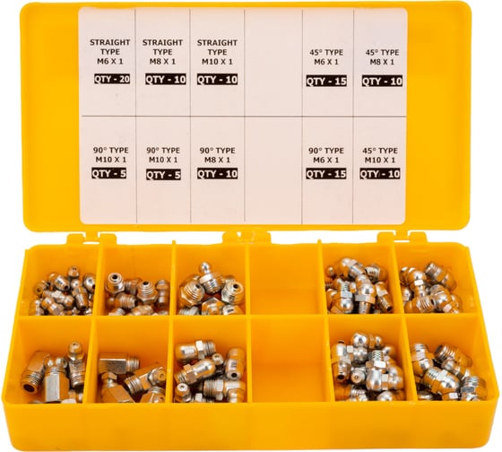 Изображение товара Комплект пресс-масленок в пластиковой коробке GROZ 110 шт М6 М8 М10 прямой 45 90 градусов GR43991