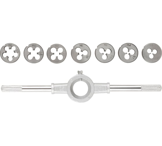 Изображение товара Метрические плашки FIT Профи легированная сталь, 8 шт. М3-М12, плашкодержатель, блистер 70803