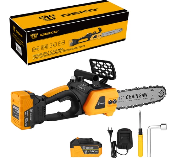 Изображение товара Пила цепная аккумуляторная бесщеточная DEKO DKCHS 20, 12, 20В, 2x4.0Ач, з/у 085-2000
