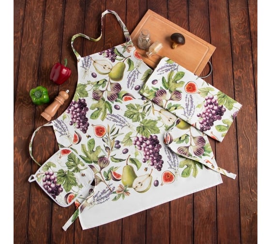 Изображение товара Кухонный набор Этель Фруктовый сад, полотенце 40x73 см, прихватка 19x19 см, фартук 60x65 см 7550980