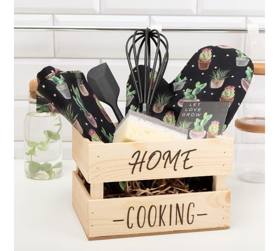 Изображение товара Набор подарочный Этель Home cooking, полотенце, варежка-прихватка, кухонная лопатка, венчик, губка 7075971