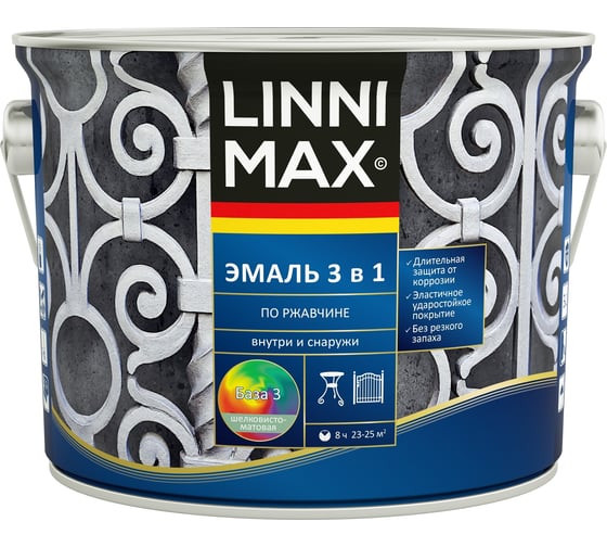 Изображение товара Эмаль алкидно-уретановая LINNIMAX по ржавчине 3 в 1 База 3, 2,3 л 948105248
