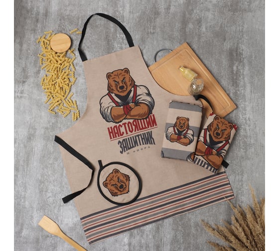 Изображение товара Кухонный набор Доляна Настоящий защитник 3 предмета: фартук 70x60 см,прихватка 20x20 см,полотенце 35x60 см-2шт. 10221 10221831