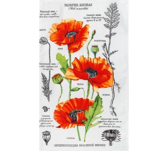 Изображение товара Полотенце Доляна кухонное Маки 35x60 см, 100% хлопок, 160 г/кв.м 4136477