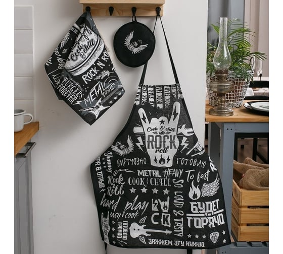 Изображение товара Кухонный набор Доляна 3 предмета Rock'n'roll фартук 60x70 см, прихватка 20x20 см, полотенце 35x60 см 4136461
