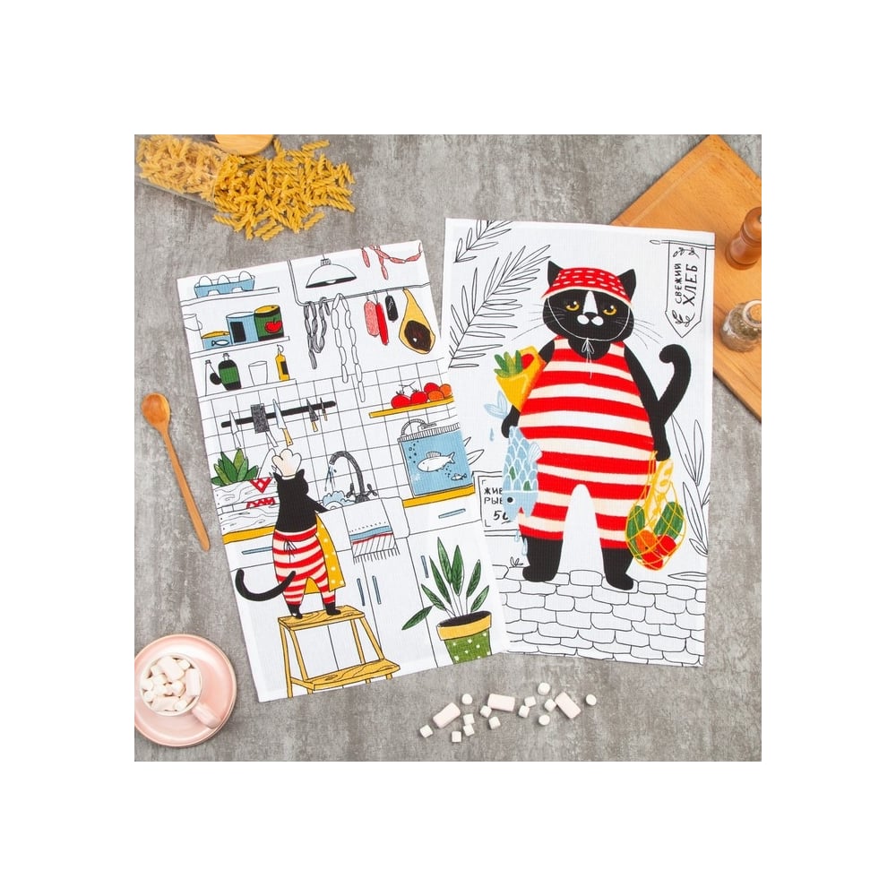 Изображение товара Набор полотенец кухонных Доляна Котик на кухне 35x60 см 2 шт, 100% хлопок 5423143