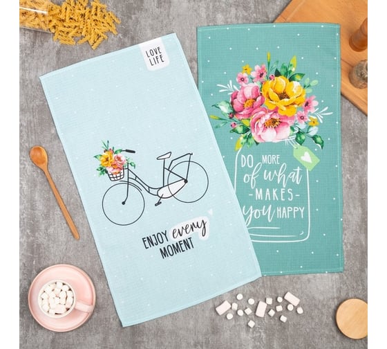 Изображение товара Набор полотенец кухонных Доляна You happy 35x60 см 2 шт, 100% хлопок 5423129