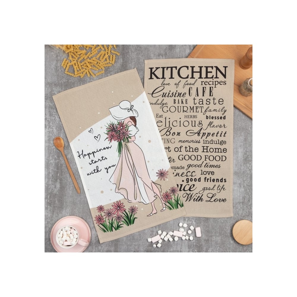 Изображение товара Набор кухонных полотенец Доляна Happiness 2 шт 35x60 см хлопок вафля разноцветные