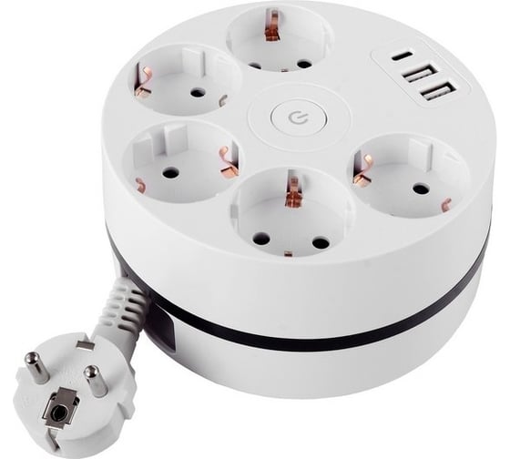 Изображение товара Удлинитель ROCKETSOCKET power wheel usb extended 5 euro 16a, 3 usb 2a+c с блоком 5в/3.4а, кабель 3,0м, цвет белый GNS5006