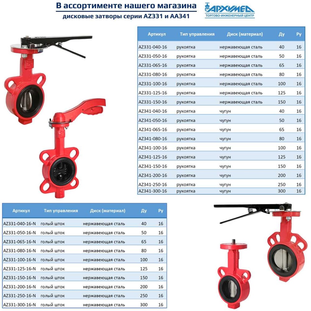 Изображение товара Дисковый поворотный межфланцевый затвор Архимед ручной ДУ80 РУ16 чугун AZ341-080-16