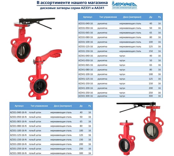 Изображение товара Дисковый поворотный межфланцевый затвор Архимед, ручной, ДУ80, РУ16, чугунный, диск чугун AZ341-080-16