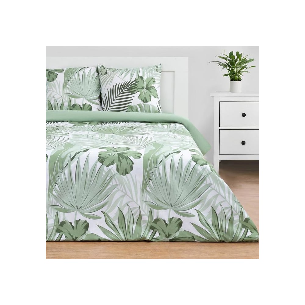 Изображение товара Комплект постельного белья Этель евро Tropics вид 2 поплин 125 г/м² бело-зеленый