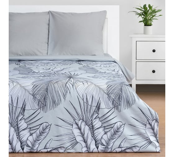 Изображение товара Комплект постельного белья Этель 2 спальный, Gray tropics 175x215 см, 200x220 см, 70x70 см - 2 шт 7674453