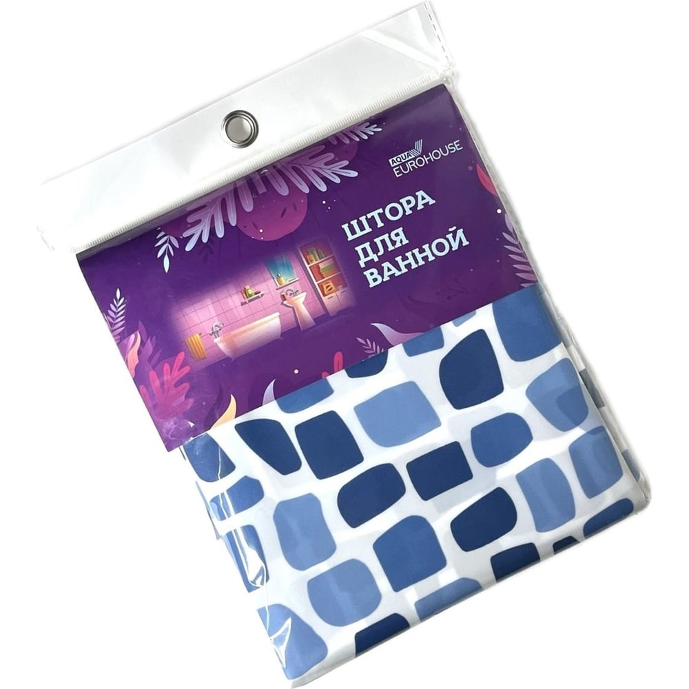 Изображение товара Штора для ванной EUROHOUSE PEVA 180x180 см голубой узор с 12 кольцами