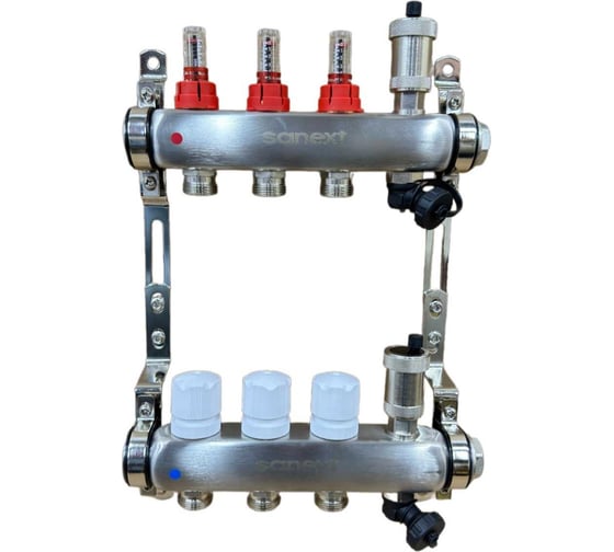 Изображение товара Коллектор для теплого пола SANEXT с расходомерами, автоматический в/о и дренаж., ДУ25, ВР1"х 3 контура НР 3/4" 8523-1