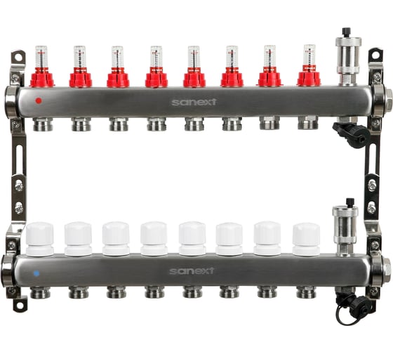 Изображение товара Коллектор для теплого пола SANEXT с расходомерами, автоматический, в/о и дренаж., ДУ25, ВР1"х 8 контуров НР 3/4" 8528-1