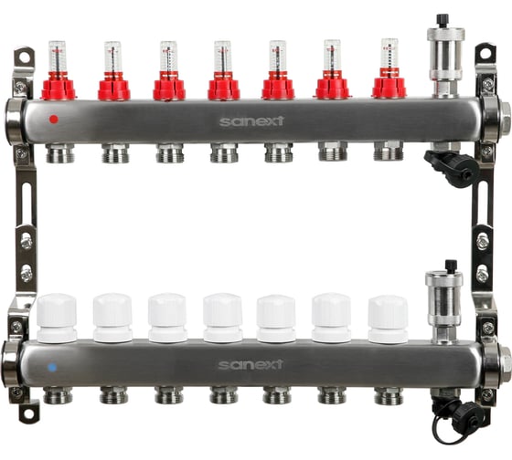 Изображение товара Коллектор для теплого пола SANEXT с расходомерами, автоматический в/о и дренаж., ДУ25, ВР1"х 7 контуров НР 3/4" 8527-1