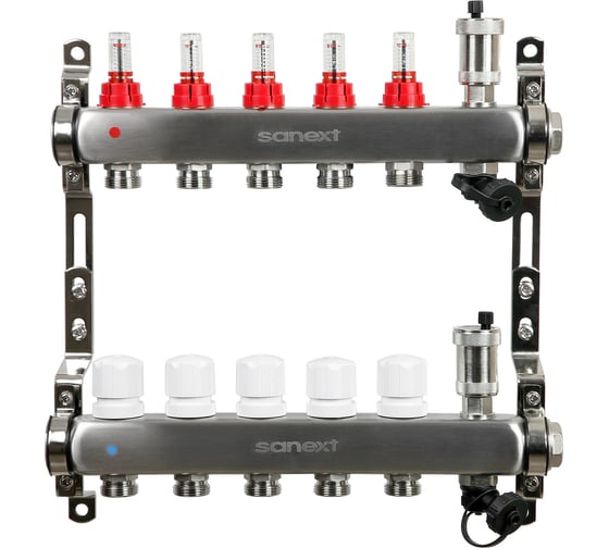 Изображение товара Коллектор для теплого пола SANEXT с расходомерами, автоматический, в/о и дренаж., ДУ25, ВР1"х 5 контуров НР 3/4" 8525-1